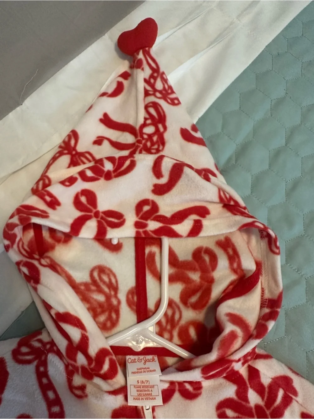 Cat & Jack White and Red Candy Cane Print Hooded One-Piece Pajamas size 6/7 NWT